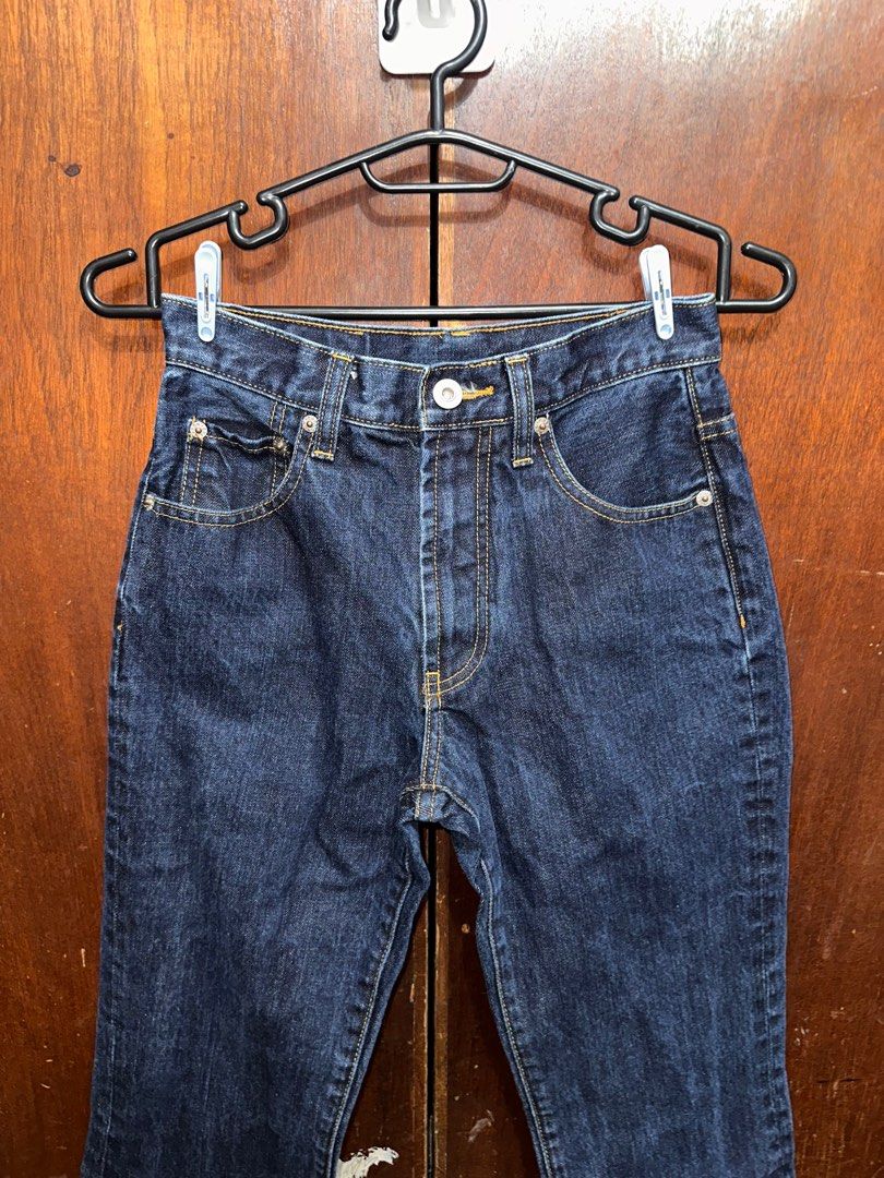 Dark Wash Denim Bootcut Jeans (Category: Jeans) located in Manila. Submitted by roxxibun (Listing ID 1413444642, Image 1). Description: - Dark wash bootcut jeans - Midwaist - Waist 24; Length 39; Leg Width 8.5 - Hard denim, really nice! - See last photo for actual color.