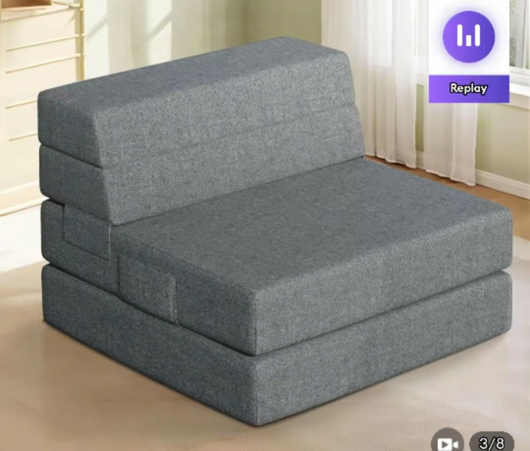 Foldable Sofa repair (Category: Sofas) located in Manila. Submitted by cctsugar (Listing ID 1413665070, Image 2). Description: Foldable sofa, perfect for small spaces. Gray leather, can be used as sofa or bed. Repair needed: broken leather. -estimate-.
