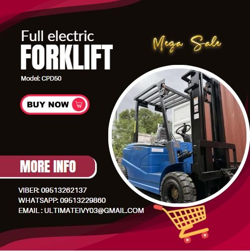 Full electric forklift Model: CPD50 (Category: Everything Else Others) located in Caloocan City. Submitted by lyracrimso54467 (Listing ID 1413746935, Image 1). Description: Max. lifting height: 3000mm Loading capacity: 5000kg Load center distance: 500mm Overall length(no fork): 2380mm Overall width: 1150mm Grantry height: 2180mm Wheelbase: 1380mm Fork adjustable range: 1060/250 Fork length: 1080mm Brake：hydraulic pedal Parking brake: machinery -m