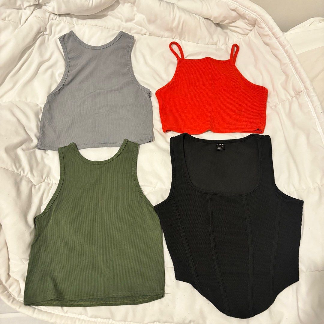 Basic Halter Tops (Bundle) - Topshop etc (Category: Sleeveless) located in Quezon City. Submitted by __declutterwithme (Listing ID 1413834455, Image 1). Description: Gray Halter Top - 60 Moss Green Halter Top - 60 Red Halter Top (TOPSHOP) - 200 Shein Black Top - 100 .