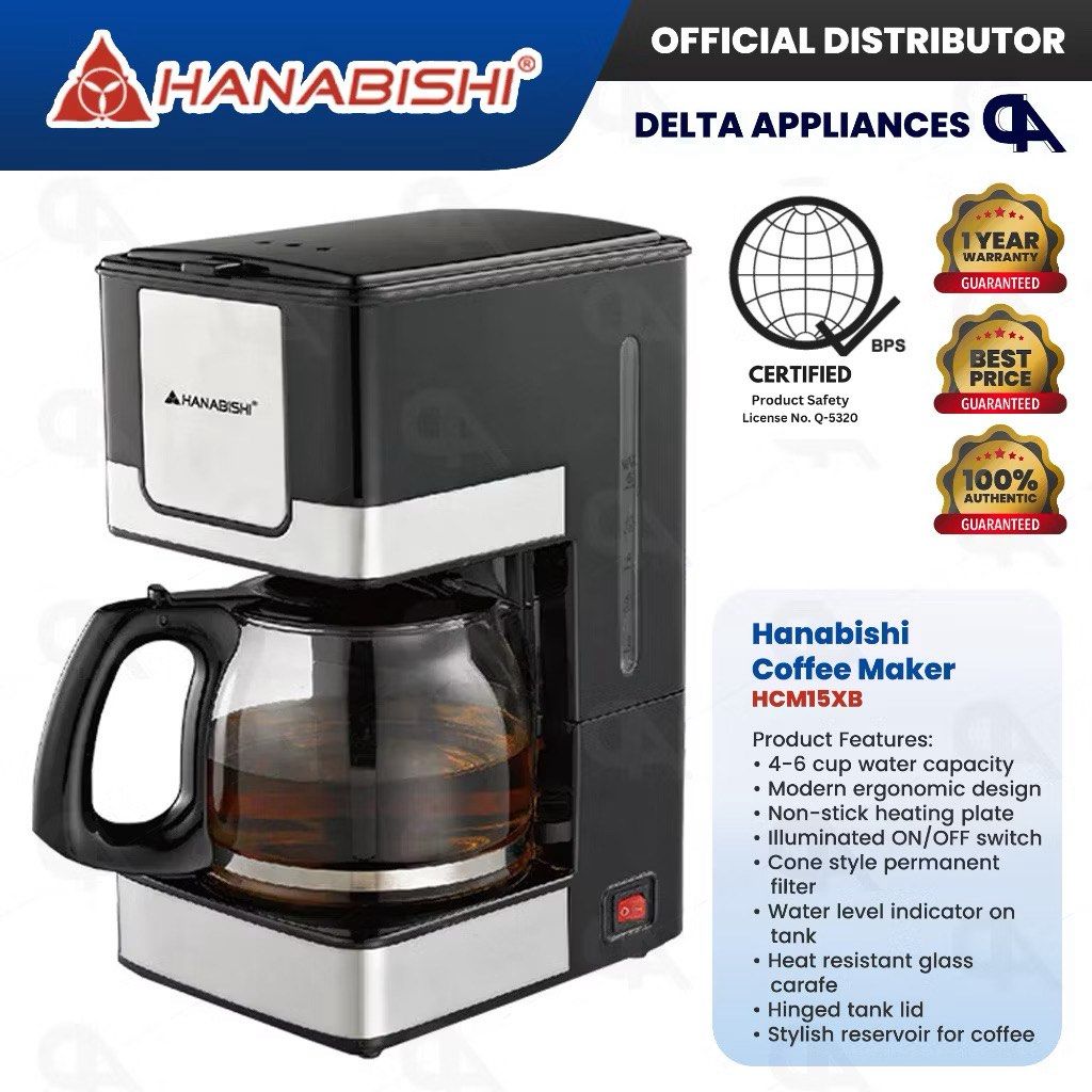 Hanabishi Coffee Maker HCM-15XB (Category: Coffee Machines & Makers) located in Quezon City. Submitted by closettreasure123 (Listing ID 1413731965, Image 1). Description: - Brews 4-6 cups of coffee - Modern ergonomic design - Non-stick heating plate - Illuminated on/off switch - Includes a cone-style permanent filter - Features a water level indicator - Heat-resistant glass carafe - Hinged tank lid - Stylish reservoir - Official product of Delta 