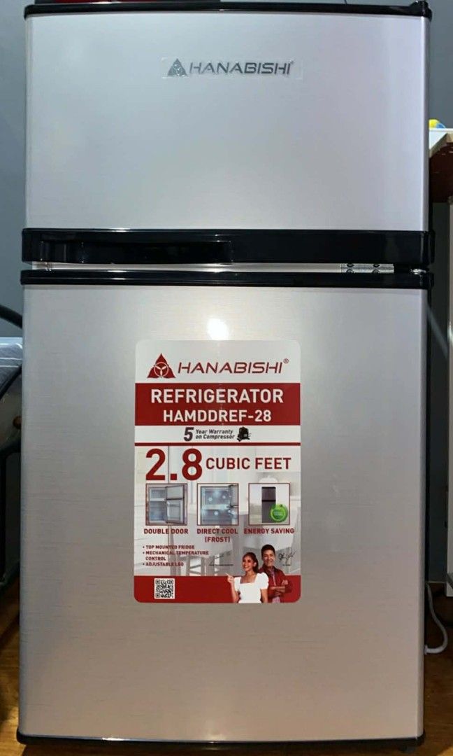 BRAND NEW Hanabishi Refrigerator HAMDDREF-28 (Category: Refrigerators and Freezers) located in Manila. Submitted by malenxvii94278 (Listing ID 1413795809, Image 2). Description: - BRAND NEW Hanabishi refrigerator - Model: HAMDDREF-28 - Capacity: 2.8 cubic feet - Design: Two-door - Heavy-duty quality - Space-saving design - Direct cool frost - Top mounted fridge - Mechanical Temperature control - Adjustable leg - Energy saving - Unit dimension 450