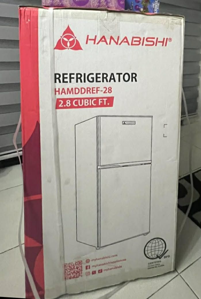 BRAND NEW Hanabishi Refrigerator HAMDDREF-28 (Category: Refrigerators and Freezers) located in Manila. Submitted by malenxvii94278 (Listing ID 1413795809, Image 1). Description: - BRAND NEW Hanabishi refrigerator - Model: HAMDDREF-28 - Capacity: 2.8 cubic feet - Design: Two-door - Heavy-duty quality - Space-saving design - Direct cool frost - Top mounted fridge - Mechanical Temperature control - Adjustable leg - Energy saving - Unit dimension 450