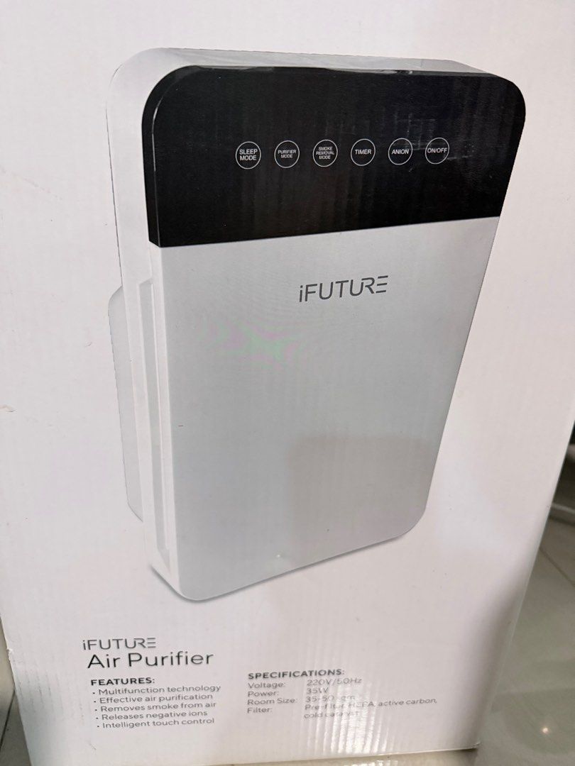 iFUTURE Air Purifier (Category: Air Purifiers & Dehumidifiers) located in Quezon City. Submitted by flatfootedmd (Listing ID 1413769932, Image 1). Description: - iFUTURE Air Purifier for cleaner air. - Removes smoke and releases negative ions. - Intelligent touch control. - Coverage: 35-57 ㎡ room size. - Filtration: Pre-filter, HEPA filter, and active carbon filter. - Power: 35W, 220V/50Hz. Used less than 3 months.