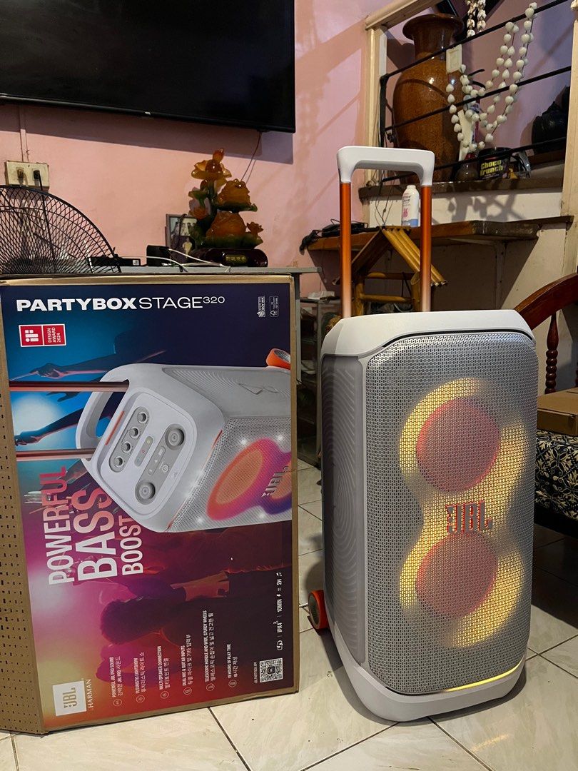 JBL Partbox 320 White Variant (Category: Soundbars, Speakers & Amplifiers) located in Muntinlupa City. Submitted by openyoear.700 (Listing ID 1413670587, Image 1). Description: JBL Partybox 320 White variant As new condition With box, receipt, manuals etc. ₱26k only (Open for trade sa add cash) Location Muntinlupa Dm me thanks..