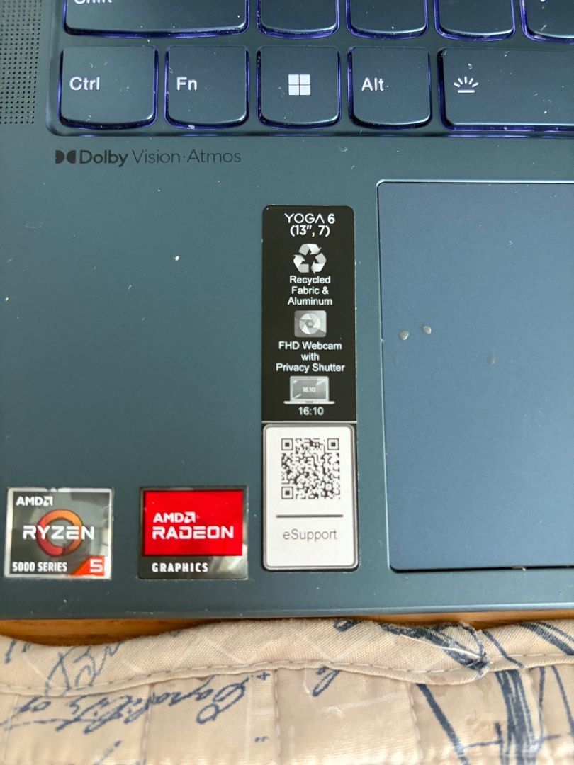Lenovo Yoga 6 (13", 7) (Category: Laptops & Notebooks) located in Cainta. Submitted by kayden1912 (Listing ID 1413681439, Image 2). Description: - Lenovo Yoga 6 laptop - 13-inch display - AMD Ryzen 5 5000 series processor - AMD Radeon graphics - FHD webcam with privacy shutter - Recycled fabric and aluminum design - Dolby Vision Atmos display.