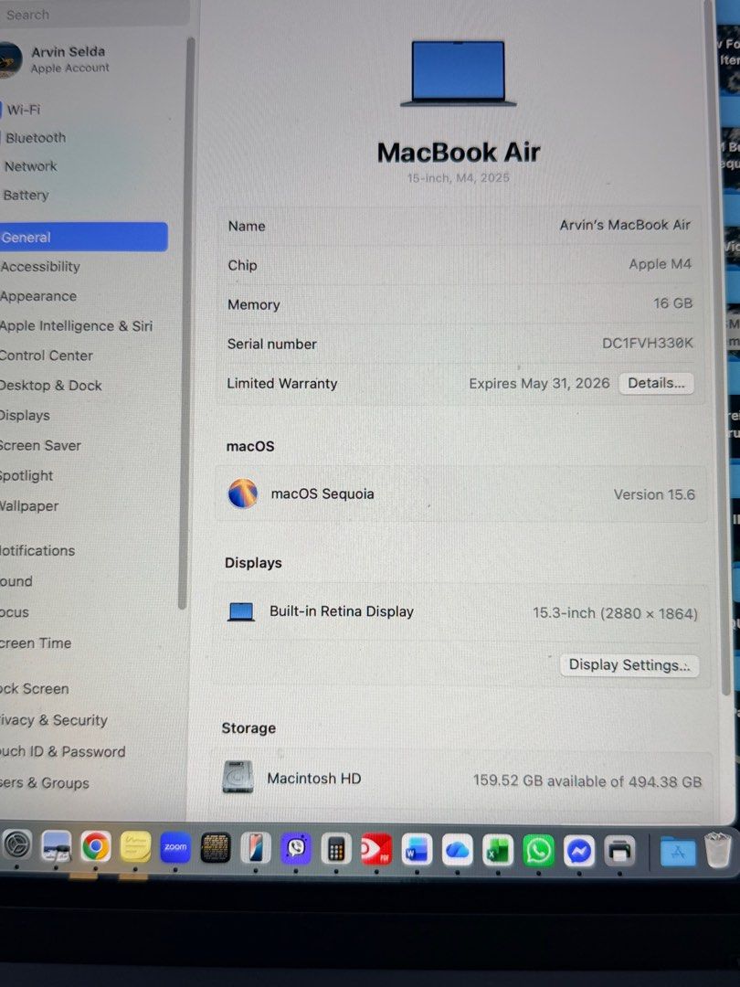 MacBook Air 15-inch M4 2026 (Category: Laptops & Notebooks) located in Makati City. Submitted by adselda (Listing ID 1413660698, Image 1). Description: Selling my MacBook Air 15-inch (2025) in excellent condition. Very well taken care of, no issues, smooth performance—perfect for work, school, or content creation. Specs: • Model: MacBook Air 15-inch (2025) • Chip: Apple M4 • Memory: 16GB RAM • Storage: 512GB SSD • Display: 15.3-inch Retina (2880 