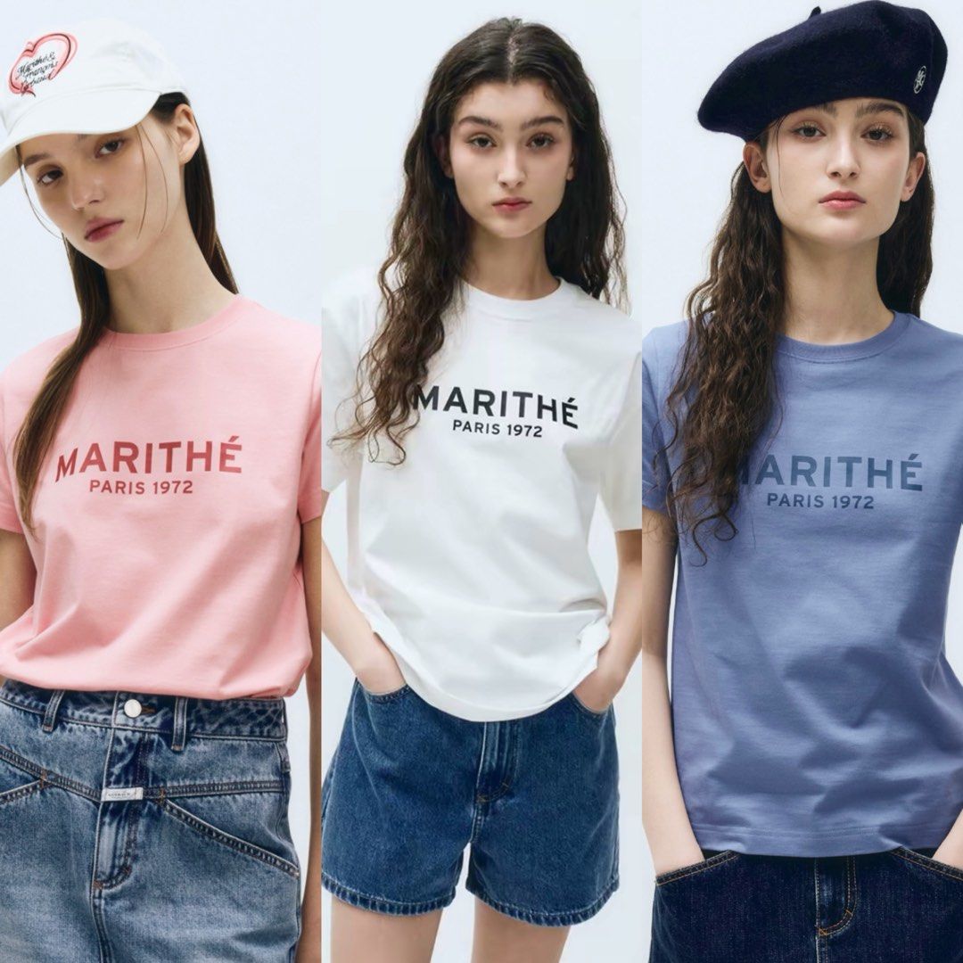 Marithe w regular logo tee (Category: Shirts) located in Singapore. Submitted by adlvclothing (Listing ID 1413753552, Image 1). Description: Authentic from Korea Size M only. White / Pink / Blue PTP: 48CM, LENGTH 56CM.