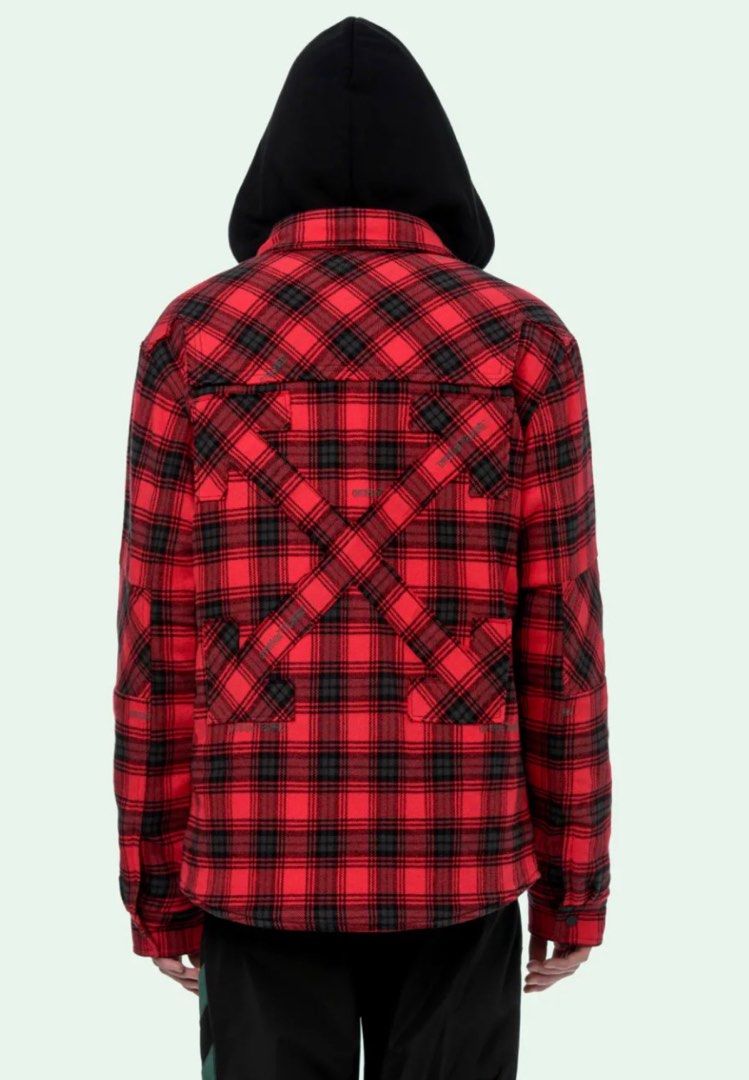 Off-White red flannel hooded jacket （分類：外套及戶外衣服）位於 Hong Kong。 由 dudu.chan 提交（商品編號 1413800056，圖片 1）。簡介： Off-White red plaid jacket with a black hood. Features the signature Off-White arrow design on the back. Includes a black quilted lining and multiple Off-White tags. The jacket has a button-up front and two front pockets. The hood has a drawstring. The jacket is designed in Milan.。