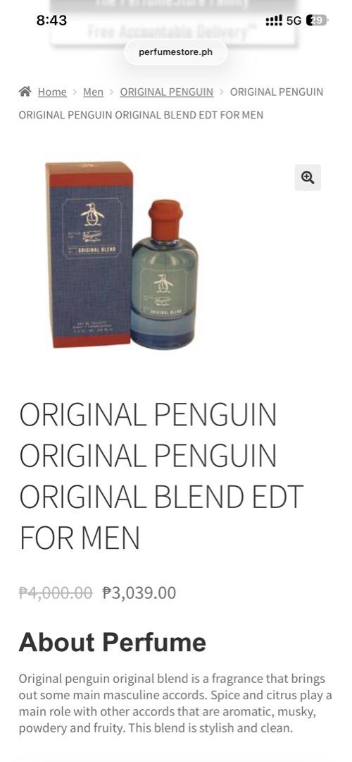 Original Penguin Denim & Original Blend (Category: Fragrance & Deodorants) located in Quezon City. Submitted by godspeed___ (Listing ID 1413816496, Image 2). Description: - Original Penguin fragrances for men. - Available: Original Blend Eau de Toilette (100ml) and Denim (100ml). - Original Blend: Features spice and citrus accords. - Both fragrances are brand new. - Both come in their original boxes/seal. Denim - 1699 Original Blend - 1899.