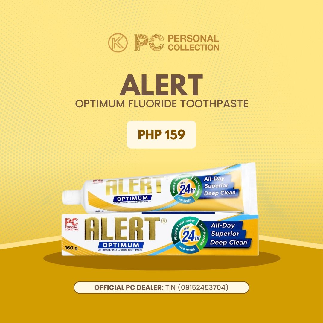 PC Alert Optimum Fluoride 24hrs Toothpaste (160g) (Category: Oral Care) located in Tarlac. Submitted by knchuchi_ (Listing ID 1413694502, Image 1). Description: Alert Optimum Antibacterial Fluoride Toothpaste is scientifically formulated to protect teeth and gums from common oral problems. It offers ALL-DAY Superior Clean* for Optimum Deep Clean Galing. It contains natural teeth whiteners and natural moisturizers that provide added care for the t