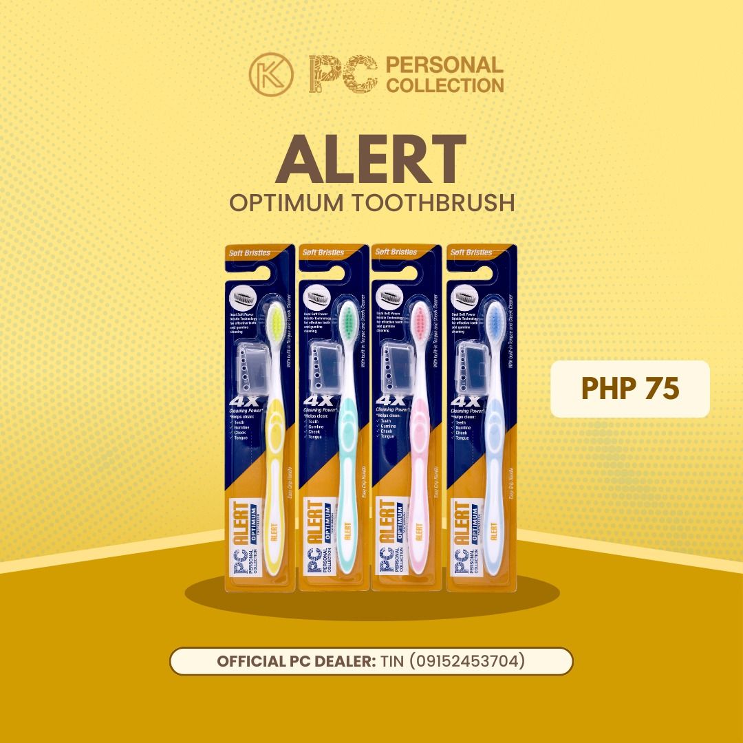 PC Alert Optimum Toothbrush (Singles) (Category: Oral Care) located in Tarlac. Submitted by knchuchi_ (Listing ID 1413695307, Image 1). Description: Your trusted partner in brushing your teeth has now leveled up to the new Alert Optimum Toothbrush! With 4x cleaning power, it can completely and gently clean your teeth, gum line, tongue, and inner cheeks. Available in Blue, Green, Yellow and Pink. Unit: Piece Official Personal Collection Dealer (Ta