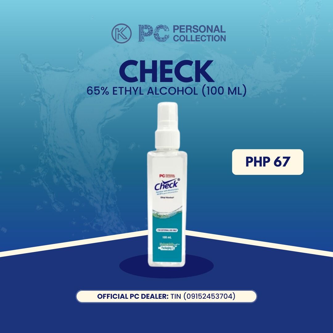 PC Check 65% Ethyl Alcohol (100 mL) (Category: Sanitizers & Disinfectants) located in Tarlac. Submitted by knchuchi_ (Listing ID 1413687863, Image 1). Description: Stay protected and refreshed with Check Instant Sanitizer with Moisturizers 65% Ethyl Alcohol 100ML by Personal Collection—a highly effective hand sanitizer that combines powerful germ protection with skin-loving moisture. Featuring 65% ethyl alcohol, this sanitizer provides fast and r