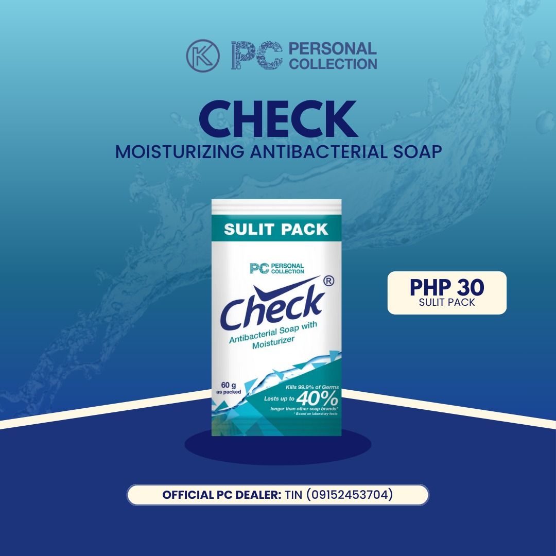 PC Check Moisturizing Antibacterial Soap Sulit Pack (60g) (Category: Bath) located in Tarlac. Submitted by knchuchi_ (Listing ID 1413697636, Image 1). Description: Check Antibacterial Soap is now in Sulit Pack. Made extra affordable for you! It’s made to eliminate up to 99.9% of germs and prevent skin dryness. Plus, it can last up to 40% longer than other soap brands. Unit: 60g Official Personal Collection Dealer (Tarlac): Krystene Lingwa.