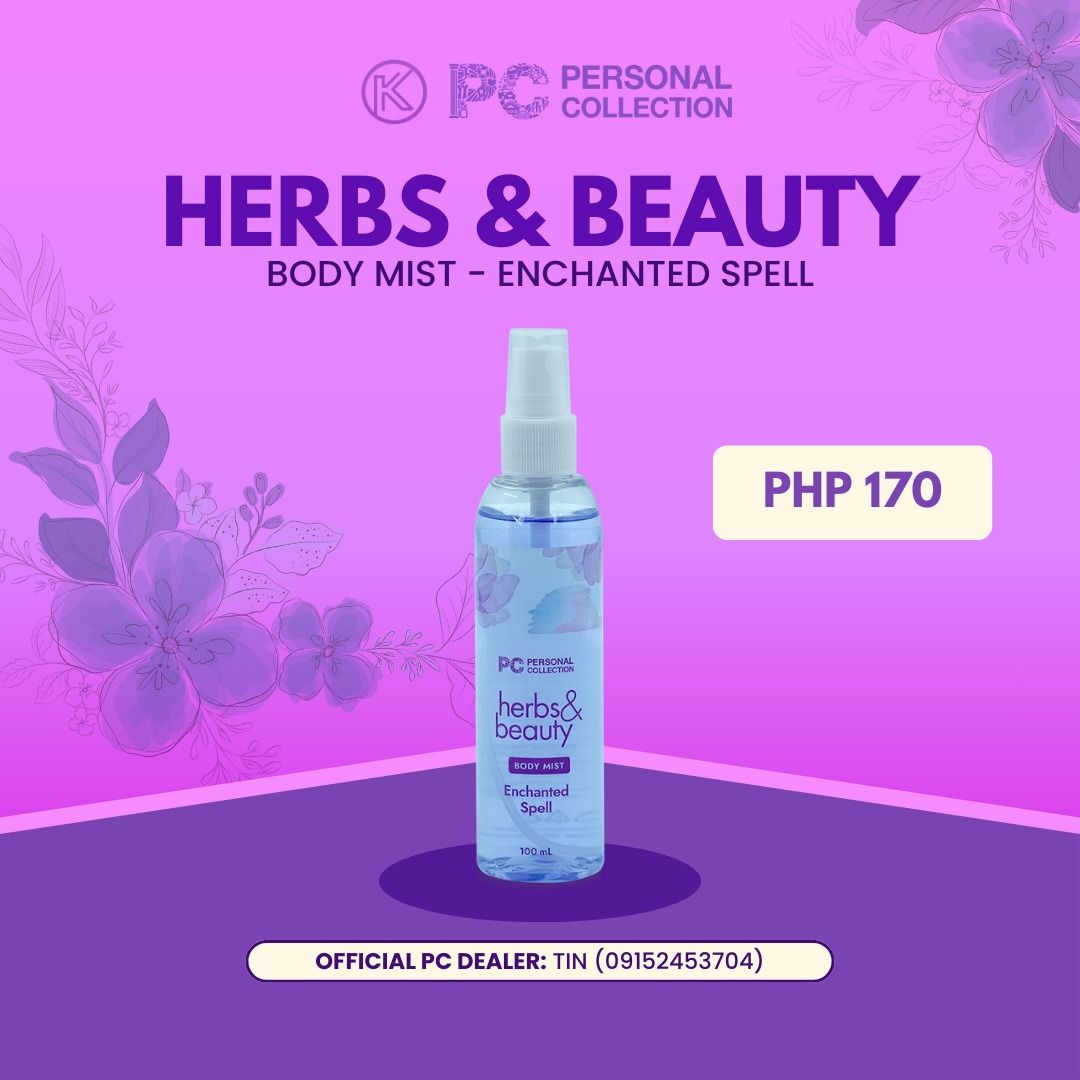 PC Herbs & Beauty Enchanted Spell Body Mist (100 mL) (Category: Fragrance & Deodorants) located in Tarlac. Submitted by knchuchi_ (Listing ID 1413684875, Image 1). Description: Lavish yourself with our well-loved fresh and floral scents using Herbs & Beauty Enchanted Spell Body Mist! After moisturizing with Herbs & Beauty Hand and Body Lotion, spray the matching body mist from head to toe for longer-lasting fruity floral fragrance all over you. U