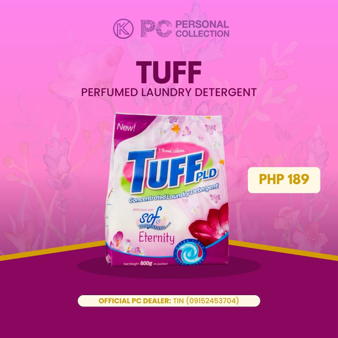 PC Tuff Concentrated Powder Laundry Detergent Perfumed with Sof & Mmmmm Eternity (800g) (Category: Detergents) located in Tarlac. Submitted by knchuchi_ (Listing ID 1413688438, Image 1). Description: The unpredictable weather shouldn’t stop you from getting clean clothes with up to 7 days of Kulob-Odor Defense!* Tuff PLD with Eternity has the combined tough stain removal that lets you wash 2x more clothes** and the sophisticated scent of sof & mm