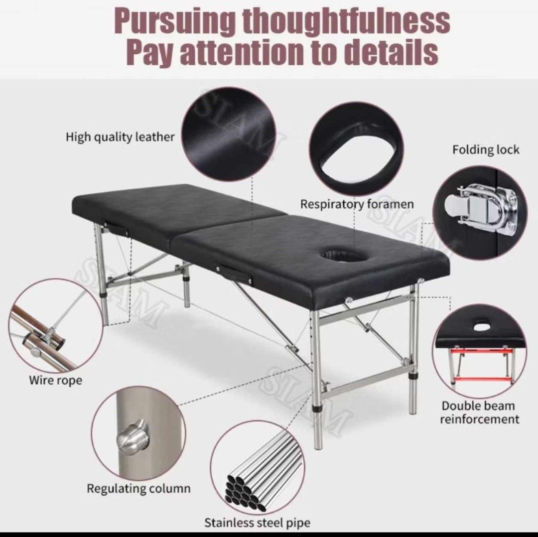 Portable Folding Massage Table (Category: Massage Devices) located in Manila. Submitted by nhi_nin (Listing ID 1413740120, Image 3). Description: Portable massage table is easy to fold and store, perfect for home or professional use. It features a high-quality black leather surface, a respiratory foramen, and a folding lock for easy setup. The table is made with stainless steel pipes and a double beam reinforcement for stability. It folds into a 