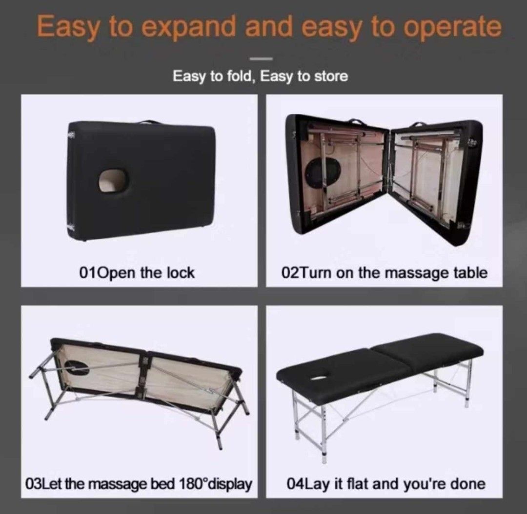 Portable Folding Massage Table (Category: Massage Devices) located in Manila. Submitted by nhi_nin (Listing ID 1413740120, Image 2). Description: Portable massage table is easy to fold and store, perfect for home or professional use. It features a high-quality black leather surface, a respiratory foramen, and a folding lock for easy setup. The table is made with stainless steel pipes and a double beam reinforcement for stability. It folds into a 