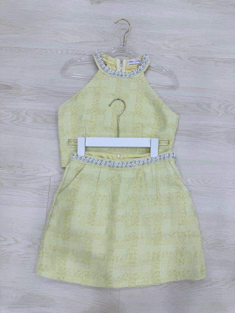 POSH CODE Two-Piece Set (Category: Sets or Coordinates) located in Kuala Lumpur. Submitted by joan_wu9090 (Listing ID 1413834017, Image 2). Description: -Only worn once, in excellent condition. - LADDYFIRST two-piece set - Halter top and high-waisted skirt - Sparkling details on neckline and waist - Skirt with pockets - Light yellow color - Perfect for a chic look.