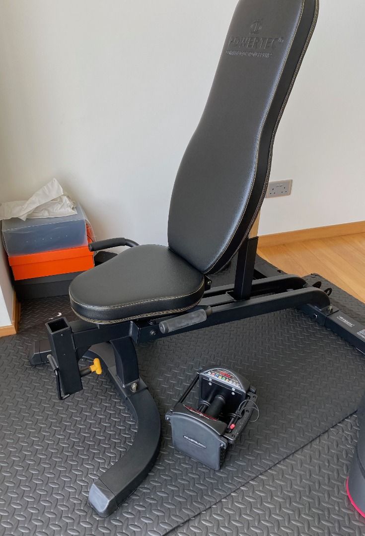 Powertec Adjustable Bench (Category: Weights & Dumbbells) located in Singapore. Submitted by neuroplasticity (Listing ID 1413790213, Image 1). Description: Perfect for home workouts. Features adjustable backrest for various exercises. Sturdy and stable design. Fully functional. Great addition to any home gym setup. Pick up from Sentosa.