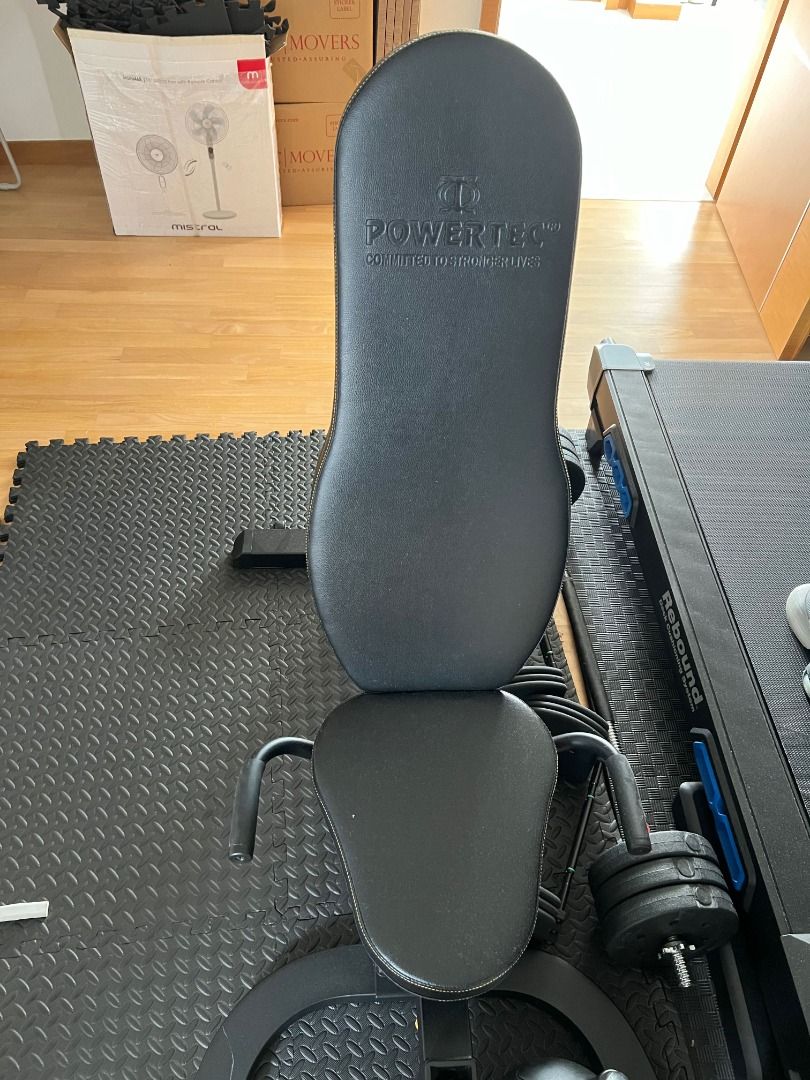 Powertec Adjustable Bench (Category: Weights & Dumbbells) located in Singapore. Submitted by neuroplasticity (Listing ID 1413790213, Image 2). Description: Perfect for home workouts. Features adjustable backrest for various exercises. Sturdy and stable design. Fully functional. Great addition to any home gym setup. Pick up from Sentosa.