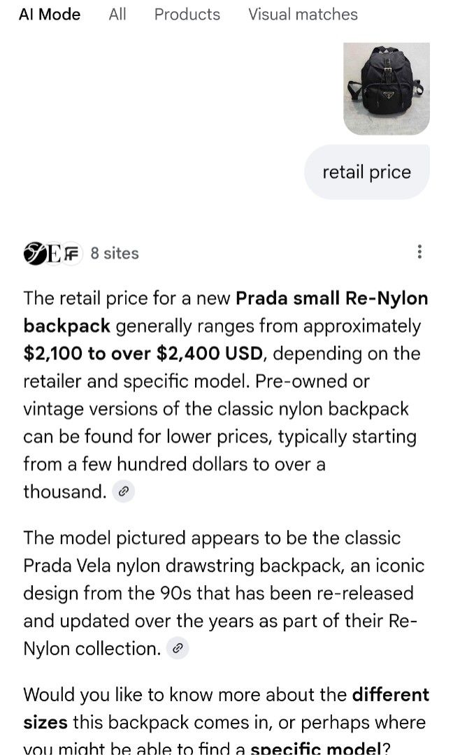 Prada Backpack Authentic💯💯 (Category: Luxury Bags & Wallets) located in Davao. Submitted by SecondhandItems97 (Listing ID 1413729583, Image 3). Description: Medium size With generic dustbag only.