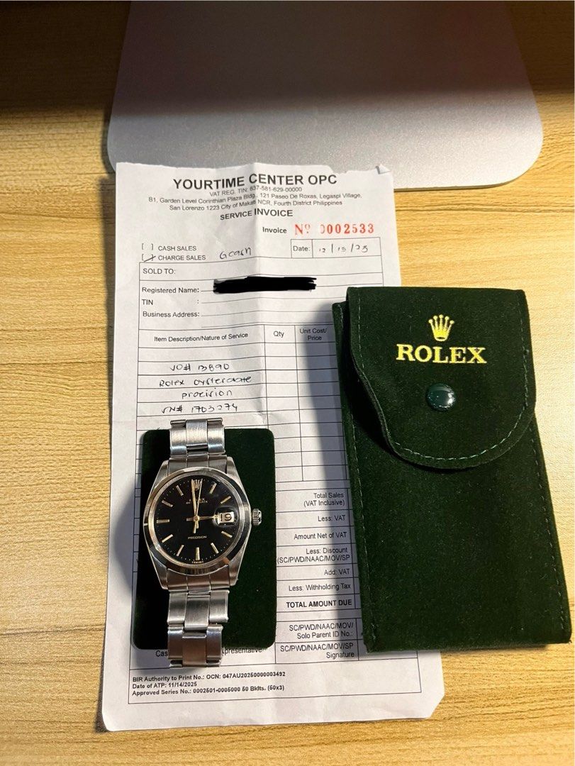 Rolex Oysterdate Precision 6694 (Category: Luxury Watches) located in Manila. Submitted by rockpulse (Listing ID 1410678258, Image 3). Description: - Vintage Rolex Oysterdate Precision 6694 - 34mm - Black dial - Includes original green Rolex pouch - Serial number: 1703274 - Features date function - Classic Rolex timepiece - Manual Winding - Minimal chip on acrylic glass (look at picture).
