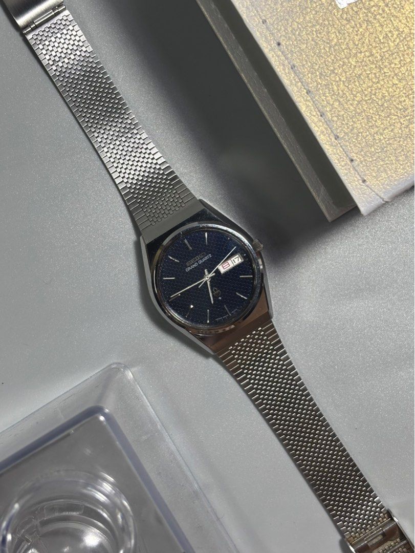 Seiko Grand Quartz Watch (Category: Men's Watches) located in Caloocan City. Submitted by _alennchan (Listing ID 1413776997, Image 2). Description: Rare Vintage Seiko Grand Quartz •4843-8050 •Newly Service And New Battery •Kanji Day/Date •Circa: 1976 •Dial color: Navy Blue textured dial •Movement: Quartz •Case Length size : 37 mm (Including Crown) •Lug to Lug : 19 x 44 mm •Thickness: 11.9 mm •All Parts Original •Maximum Wrist Size: 9 inches adjus