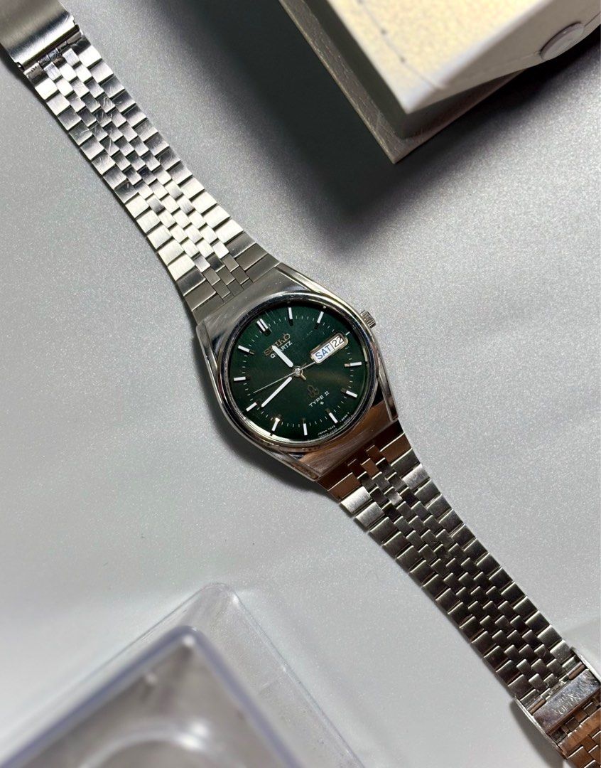 Seiko Quartz Type II Watch (Category: Men's Watches) located in Caloocan City. Submitted by _alennchan (Listing ID 1413776815, Image 2). Description: RARE SEIKO TYPE II PINE GREEN 1977 Seiko Type || Quartz “Pine Green” [Ref: 7546-8080] Quartz Movement Kanji Day/Date Display (JDM Case size: 38mm Stainless Steel Bracelet Bracelet Type: Glide Lock - 9+ inches adjustable clasp 10,000 negotiable.