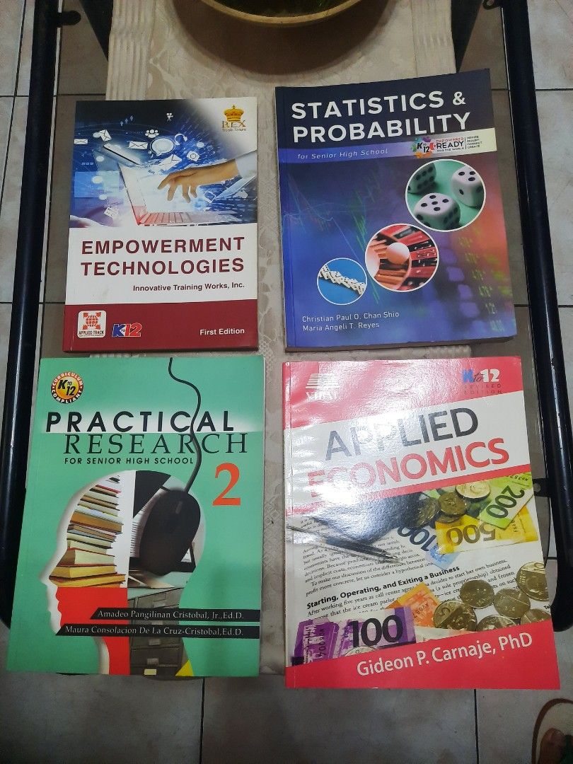 Senior High School Textbooks (Category: Textbooks) located in Quezon City. Submitted by henco (Listing ID 1413690363, Image 1). Description: - Set of Senior High School textbooks - Includes: Statistics & Probability, Applied Economics, Empowerment Technologies, Practical Research 2 -lightly used but still looks new -practically looks brand new - Perfect for Senior High School students - Great for students or anyone needing these specific textbook