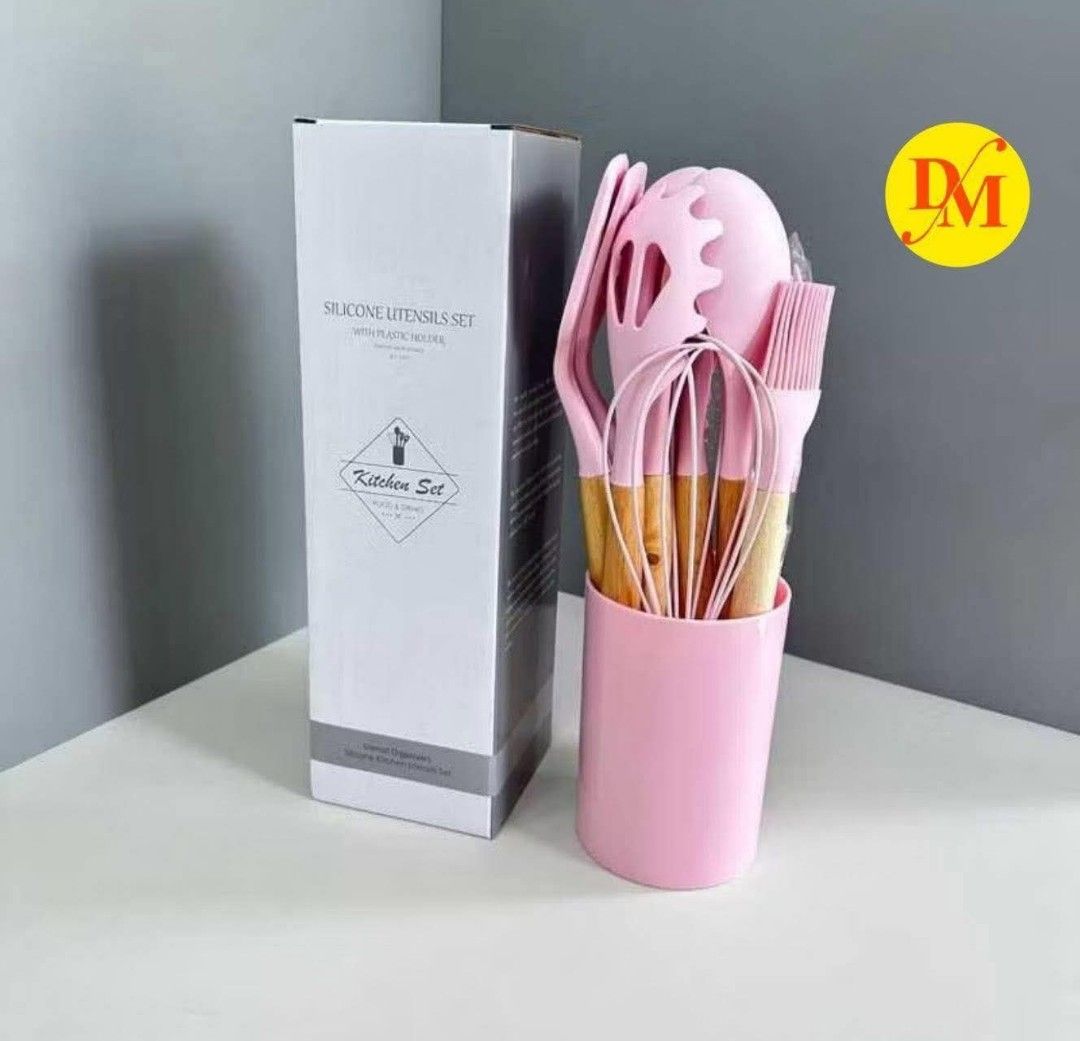 Silicone Kitchen Utensils Set with Holder (Category: Other Kitchenware & Tableware) located in Manila. Submitted by raredeer-4deb4e (Listing ID 1413742795, Image 3). Description: - Silicone kitchen utensils with wooden handles - Includes a matching holder - Available in multiple colors - Utensils are silicone, holder is plastic - Perfect kitchen set.