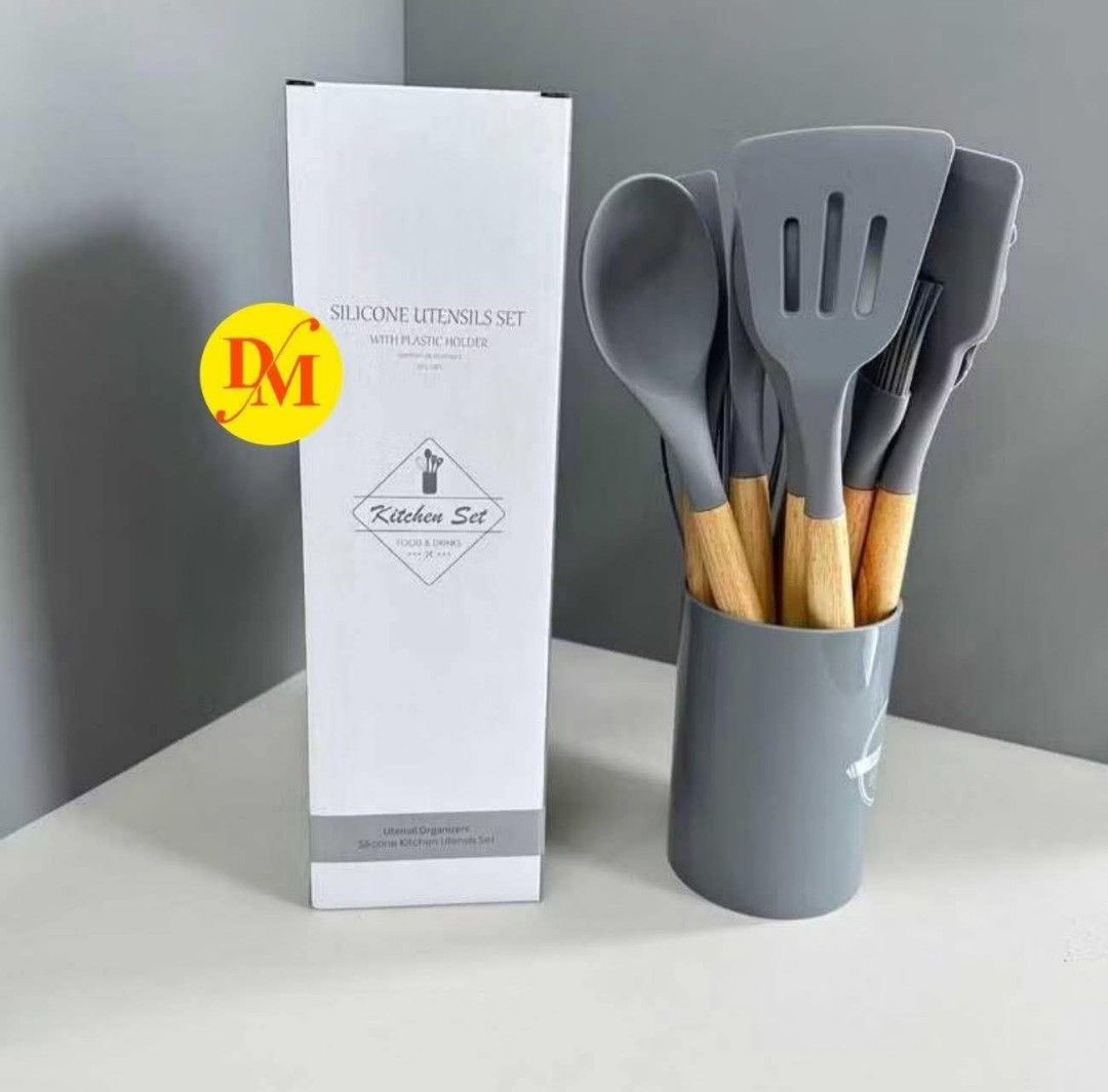 Silicone Kitchen Utensils Set with Holder (Category: Other Kitchenware & Tableware) located in Manila. Submitted by raredeer-4deb4e (Listing ID 1413742795, Image 1). Description: - Silicone kitchen utensils with wooden handles - Includes a matching holder - Available in multiple colors - Utensils are silicone, holder is plastic - Perfect kitchen set.