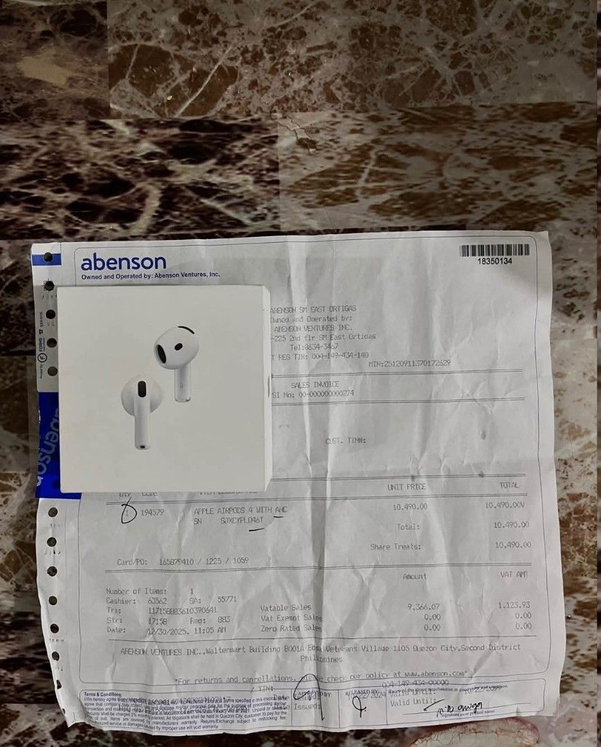 Apple AirPods 4 with Active Noise Cancellation (Category: Headphones & Headsets) located in Pasig City. Submitted by arvicxx (Listing ID 1413904534, Image 1). Description: - Apple AirPods 4 with Active Noise Cancellation - Includes charging case - Comes with original box and receipt from Abenson - Model: A3052, A3053 - Serial Number: GX9K10418 - Features Active Noise Cancellation - USB-C charging.