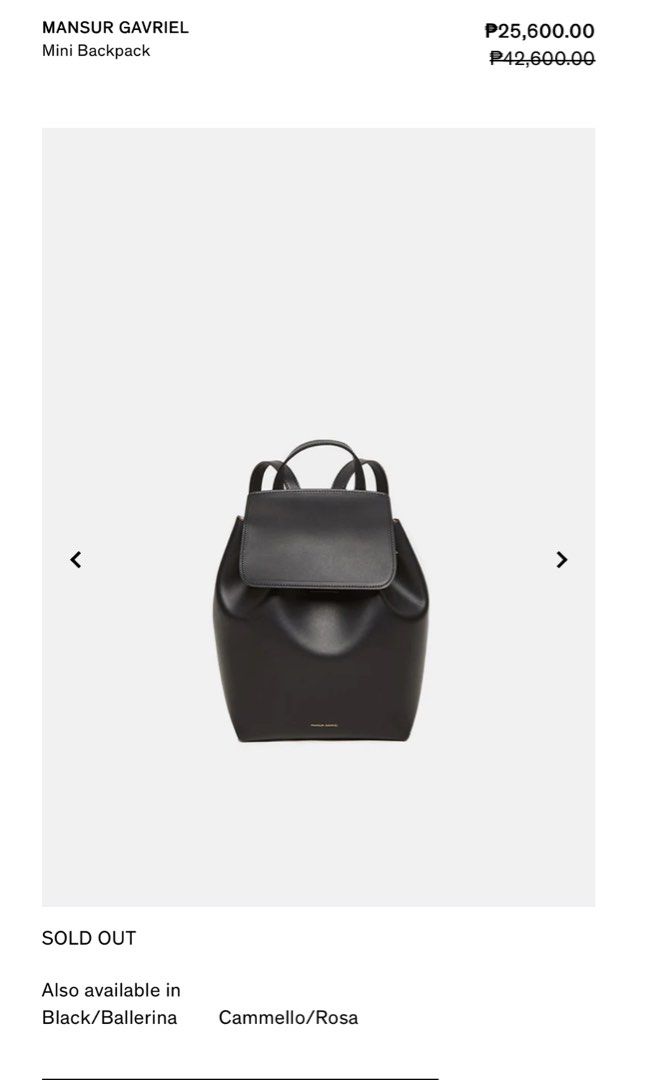 Authentic Mansur Gavriel leather mini backpack (Category: Luxury Bags & Wallets) located in Paranaque City. Submitted by planetandy (Listing ID 1413898592, Image 2). Description: Authentic, bought secondhand here on Carousell and so I don’t have the dust bag, etc. Selling for less than what I spent as I don’t use it. Retails for around ₱30,000. Well used condition, presentable enough but needs restoration. Can send more pics. Description from web