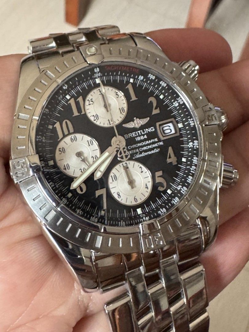 Breitling Chronomat Evolution Automatic Watch (Category: Luxury Watches) located in Manila. Submitted by Mr.FunTIMEsTICK (Listing ID 1413976234, Image 3). Description: FOR SALE: STILL FRESH and LIKE NEW! BREITLING Chronomat Evolution A13356 Watch Automatic Chronometer Chronograph Movement With Box and Manual Breitling 13 Chronometer Movement Model/Reference # : A13356 With Chronograph Function With Date Function Very Nice Reverse panda black / si
