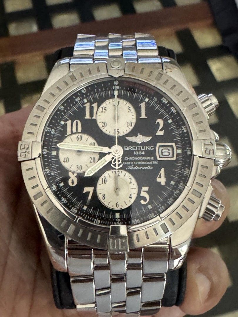 Breitling Chronomat Evolution Automatic Watch (Category: Luxury Watches) located in Manila. Submitted by Mr.FunTIMEsTICK (Listing ID 1413976234, Image 1). Description: FOR SALE: STILL FRESH and LIKE NEW! BREITLING Chronomat Evolution A13356 Watch Automatic Chronometer Chronograph Movement With Box and Manual Breitling 13 Chronometer Movement Model/Reference # : A13356 With Chronograph Function With Date Function Very Nice Reverse panda black / si