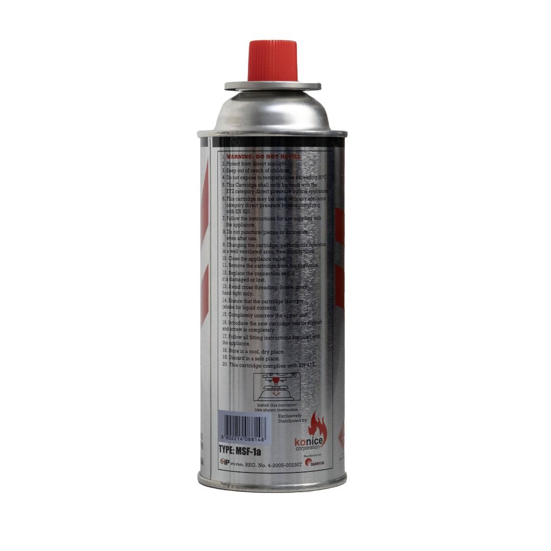 Butane gas Konice Brand (Category: Bakeware) located in Manila. Submitted by angelokon56028 (Listing ID 1413907935, Image 3). Description: konice butane Gas Fuel for Portable Gas Stoves, Gas Torches, Lighters igniters, Camping Lanterns 30% ISO Butane 60% Normal Butane 10% Propane High Searing Fire – 1 hr and 40 mins Medium Searing Fire – 2 hrs and 20 mins Low Searing Fire- 3 hrs.