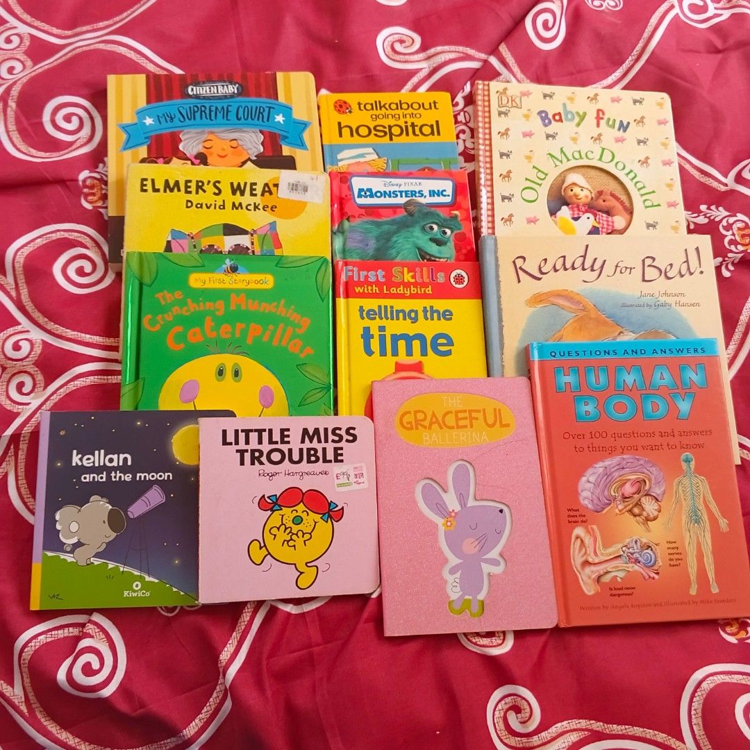 Children's Story Books Bundle (Category: Children's Books) located in Santa Rosa. Submitted by elle7777 (Listing ID 1414029512, Image 1). Description: - Collection of children's story books. - Titles include: "Kellan and the Moon", "Little Miss Trouble", "The Very Hungry Caterpillar", "Elmer's Weather", "Talkabout Going Into Hospital", "First Skills with Ladybird", "Human Body Questions and Answers", "Ready for Bed!", "Old MacDonald", and "Baby F