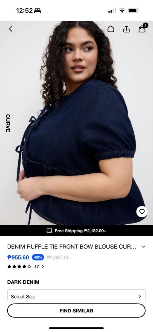Cider Curve Denim Ruffle Tie Fromt Blouse (Category: Blouses) located in Quezon City. Submitted by prunksells (Listing ID 1414031719, Image 3). Description: Purchased for 1,900 RFS: too big. Im UK size 18. This would fit a UK size 20 better. Wanted to have it exchanged but shipping fee was way too expensive.