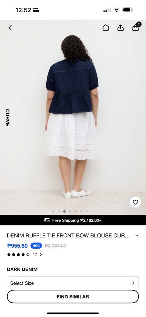 Cider Curve Denim Ruffle Tie Fromt Blouse (Category: Blouses) located in Quezon City. Submitted by prunksells (Listing ID 1414031719, Image 2). Description: Purchased for 1,900 RFS: too big. Im UK size 18. This would fit a UK size 20 better. Wanted to have it exchanged but shipping fee was way too expensive.