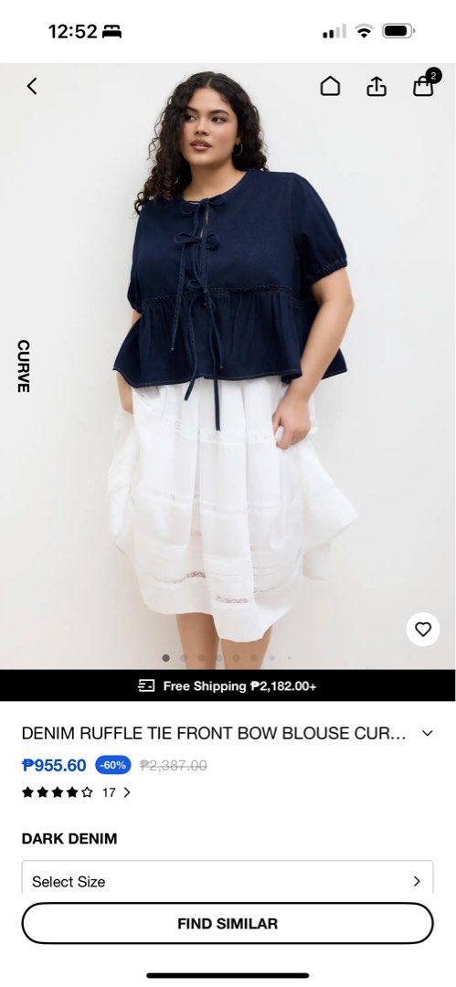 Cider Curve Denim Ruffle Tie Fromt Blouse (Category: Blouses) located in Quezon City. Submitted by prunksells (Listing ID 1414031719, Image 1). Description: Purchased for 1,900 RFS: too big. Im UK size 18. This would fit a UK size 20 better. Wanted to have it exchanged but shipping fee was way too expensive.