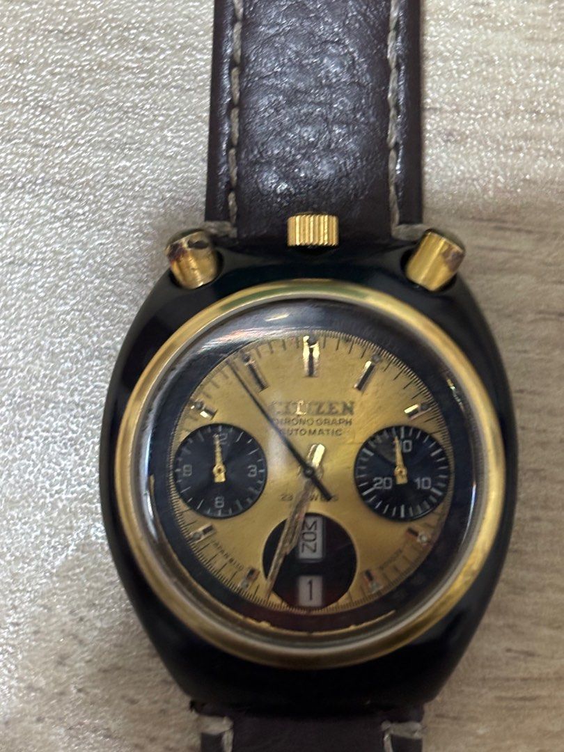 Citizen Chronograph Automatic Watch (Category: Men's Watches) located in Cebu City. Submitted by bro_bear1 (Listing ID 1414021829, Image 1). Description: - Vintage Citizen Chronograph Automatic watch(Bullhead -slight negotiable - Gold-tone dial - Black subdials - Date display at 6 o'clock - Black case - Brown leather strap - Stainless steel back - 23 jewels movement.