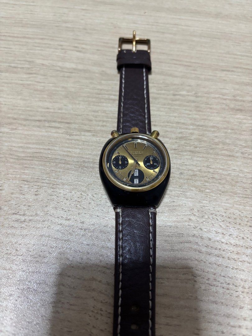 Citizen Chronograph Automatic Watch (Category: Men's Watches) located in Cebu City. Submitted by bro_bear1 (Listing ID 1414021829, Image 2). Description: - Vintage Citizen Chronograph Automatic watch(Bullhead -slight negotiable - Gold-tone dial - Black subdials - Date display at 6 o'clock - Black case - Brown leather strap - Stainless steel back - 23 jewels movement.
