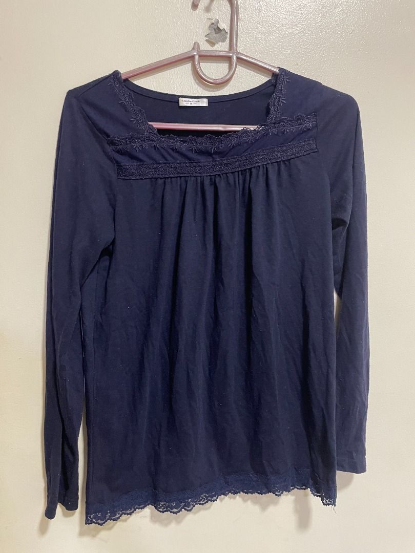 Comfort Basic Navy Blue Long Sleeve Top (Category: Longsleeves) located in Mandaluyong City. Submitted by _copndrop (Listing ID 1414008666, Image 1). Description: - Navy blue long sleeve top - Brand: Comfort Basic - Size: M on tag - Features a square neckline with lace detailing - Lace trim at the hem - Simple, classic design - Comfortable fabric NO WHEN WORN PICS RFS: DECLUTTERING LOC: MANDALUYONG.