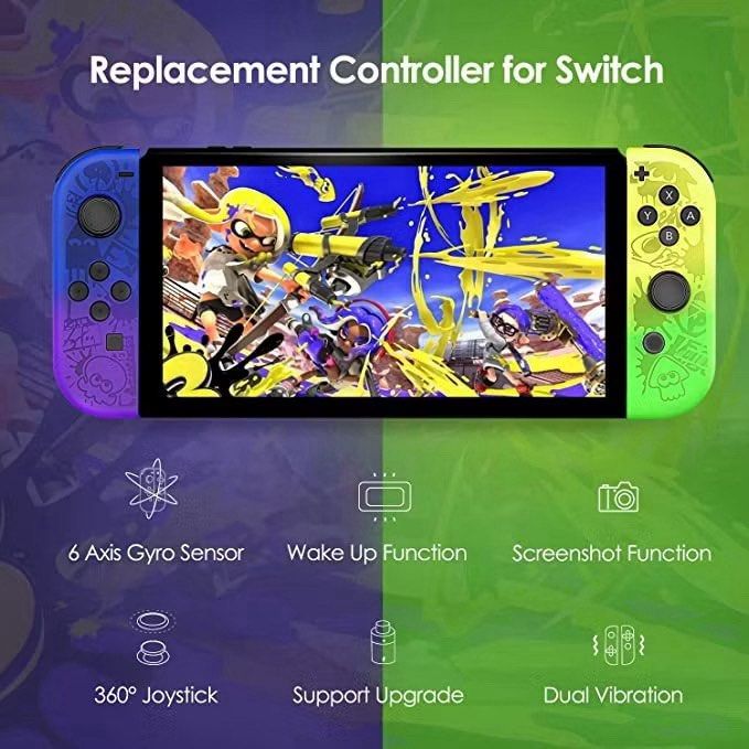 Controller for Switch JoyCons (Category: Controllers) located in Singapore. Submitted by whotfisthat (Listing ID 1413998788, Image 1). Description: - controllers for Nintendo Switch Joy-Cons - Features: - 6-axis gyro sensor - Wake Up Function - Screenshot Function - 360° Joystick - Support Upgrade - Dual Vibration - Vibrant design - Compatible with Switch Sports games There are options for the designs: Pikachu Pokemon Green(L)Blue(R) Purple&Orang