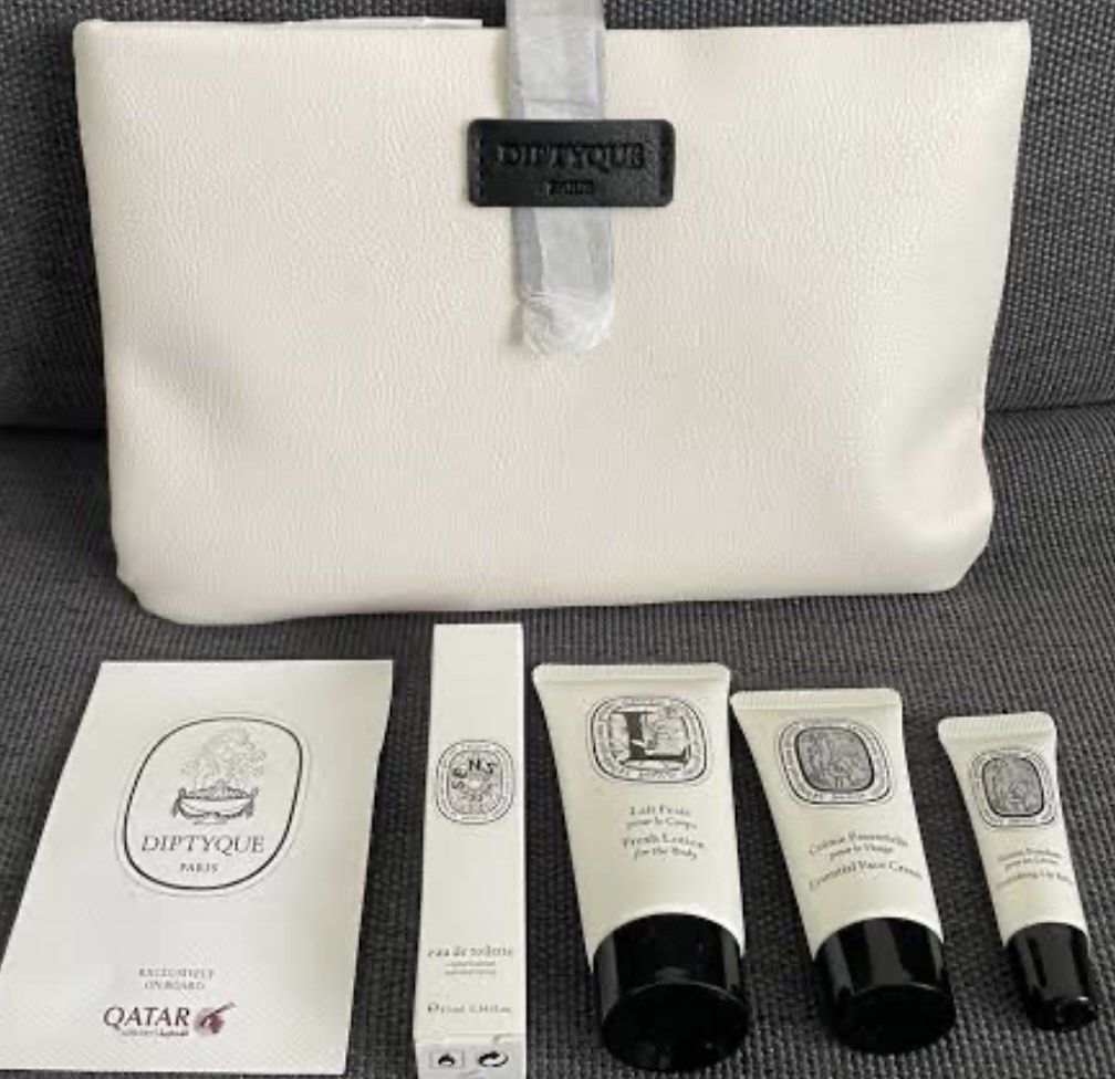 Diptyque Paris Travel Set (Category: Fragrance & Deodorants) located in Cavite. Submitted by mjoy0302md (Listing ID 1413901189, Image 1). Description: - Diptyque Paris Travel Set (Qatar Airways Exclusive) - Includes: - White pouch with black Diptyque Paris label - Eau de Toilette (7.5ml) - Fresh Body Lotion - Essential Face Cream - Norishing Lip Balm -Refeshing Towel I have a lot - you can choose what pouch design and color you want but the inclu