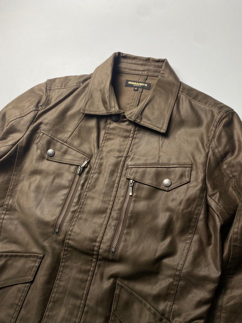 Hideaways Nicole Waxed Military Jacket (Category: Coats, Jackets and Outerwear) located in Baguio. Submitted by archival.store (Listing ID 1413944662, Image 2). Description: Condition:Great Size Tag:48 Width:20.5 Length:28 Shoulders:16.5 Sleeves:25.