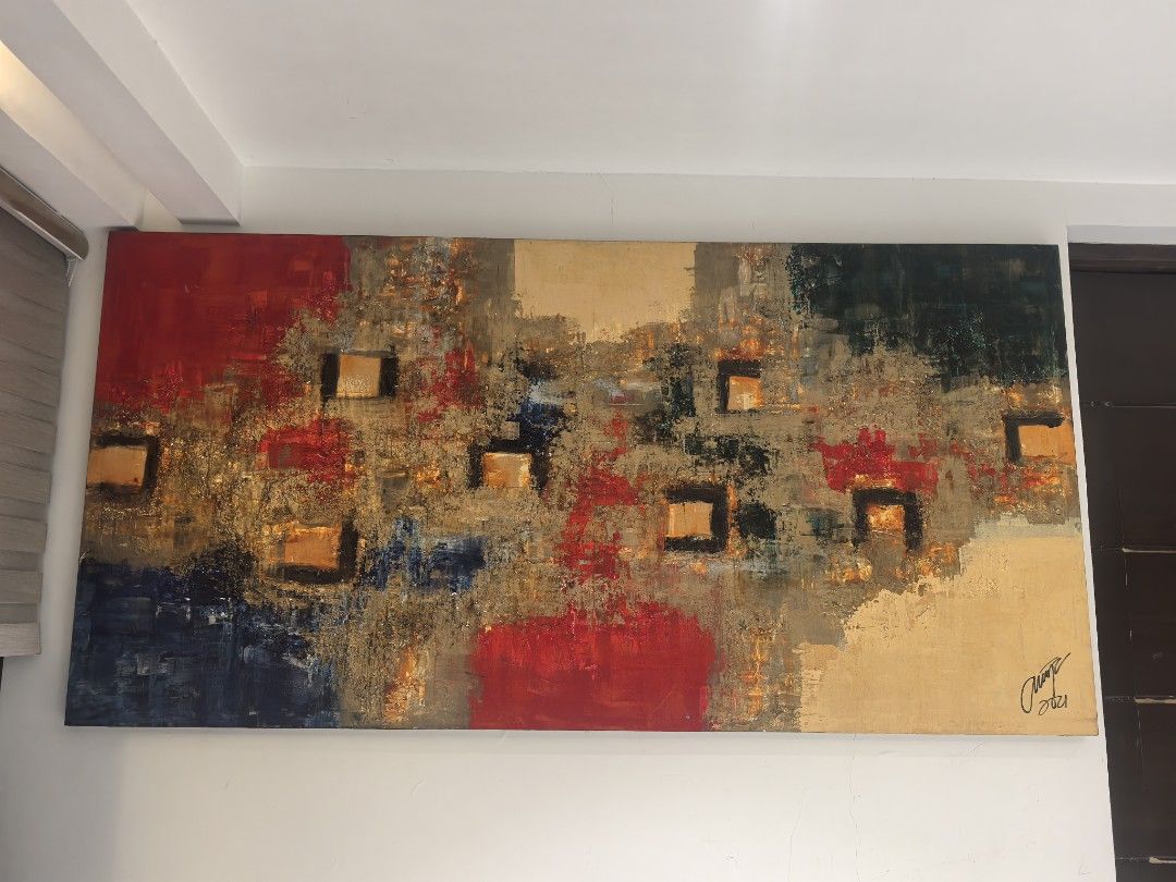 Ivan Acuña Painting - 2021 (Category: Art & Prints) located in Taguig. Submitted by mrs.p_027 (Listing ID 1413882234, Image 3). Description: Ivan Acuña Original Painting with Certificate of Authenticity - Original abstract painting - Features red, gold, blue, and green colors - Textured surface with square shapes - Signed by the artist and dated 2021 - Perfect for living room or office - Ready to hang.