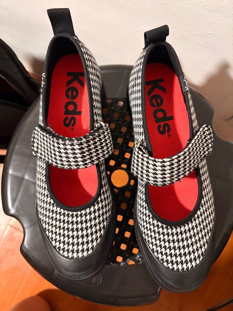 Keds Houndstooth Mary Jane Shoes (Category: Sneakers) located in Mandaluyong City. Submitted by rshvm (Listing ID 1413931546, Image 2). Description: - Keds Mary Jane shoes - Houndstooth pattern - Black rubber sole - Strap closure - Red interior - Keds logo visible - Pull tab at the back - Size: US 6, EUR 36, CM 24 - No box - Bought last October 2025 Rfs: Decluttering.