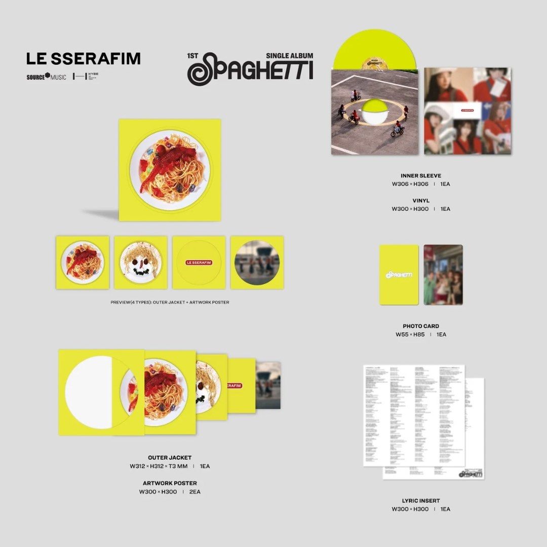 LE SSERAFIM 'SPAGHETTI' Vinyl | PRE-ORDER (Category: Vinyls) located in Paranaque City. Submitted by joyfindsmnl (Listing ID 1413968661, Image 3). Description: LE SSERAFIM 'SPAGHETTI' Vinyl | PRE-ORDER 🛍️ Weverse/Gmarket Official 🏷️ Random - Weverse ₱2,590 | Gmarket ₱2,480 🏷️ Set - Weverse ₱4,760 📌 Req DP to secure: ₱500 each 📌 Balance + Delivery Fee: once onhand 📩 DOO : 01/06/26-01/29/26; until soldout 🗓️ DOR: 01/30/26 🗓️ Normal ETA : 4-